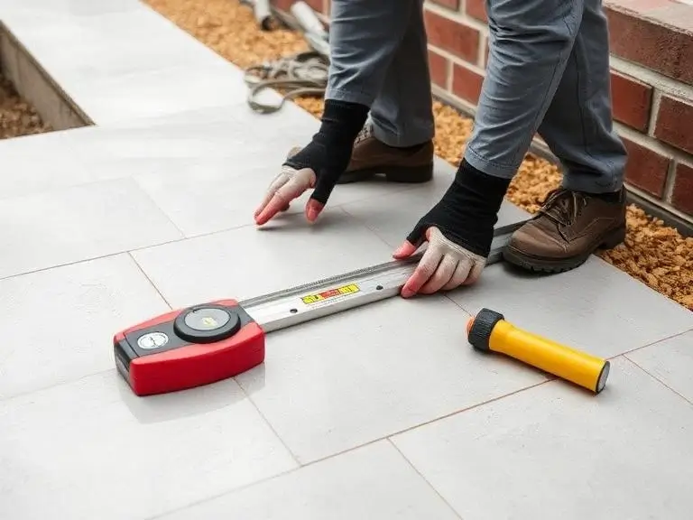 Patio installation in a Bracknell garden, large format porcelain tiles being laid with a spirit level and rubber mallet, brick wall of the house visible in the background