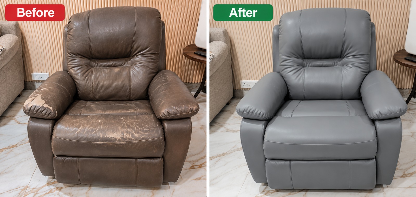 Single-Seat Leather Recliner Restored in Grey – recliner repair in South Delhi (after)