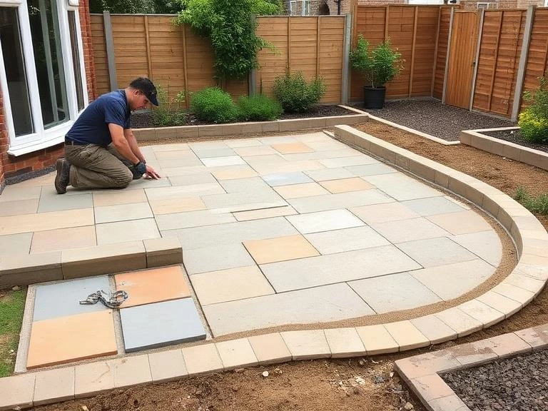 Builder laying Indian sandstone patio slabs in a rear garden of a Newbury residential property
