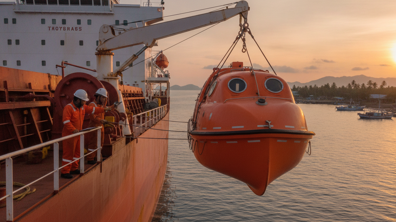 Enclosed lifeboat on gravity davit being serviced on a cargo vessel in Indonesian waters