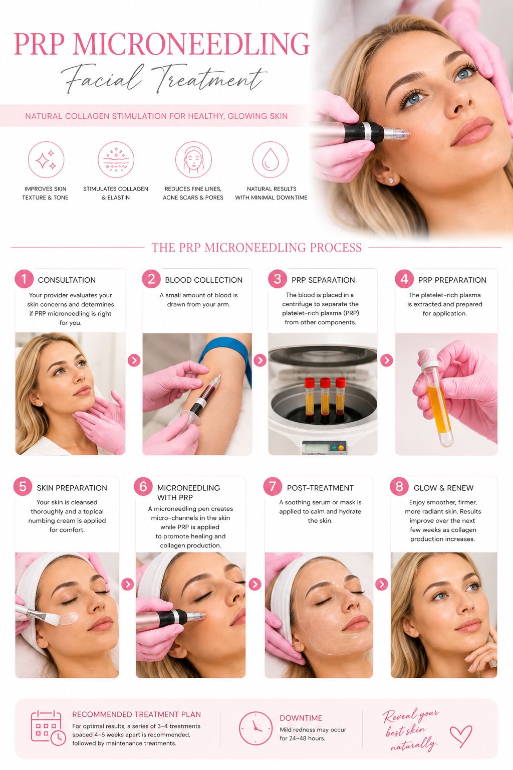 PRP Microneedling Facial Treatment process — consultation, blood collection, PRP separation, preparation, skin prep, microneedling with PRP, post-treatment, and glow results