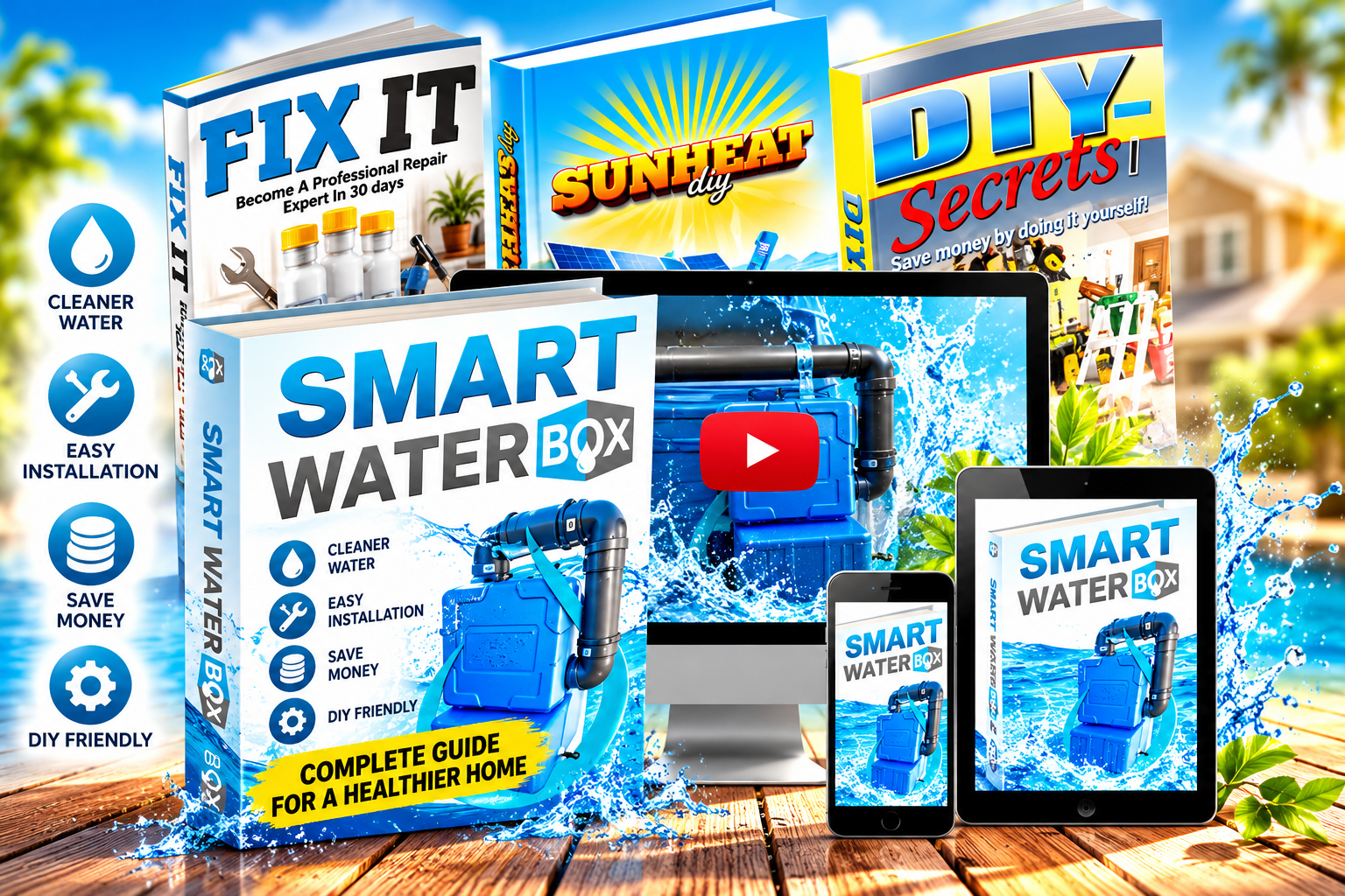 Smart Water Box guide titled Complete Guide for a Healthier Home with digital device previews