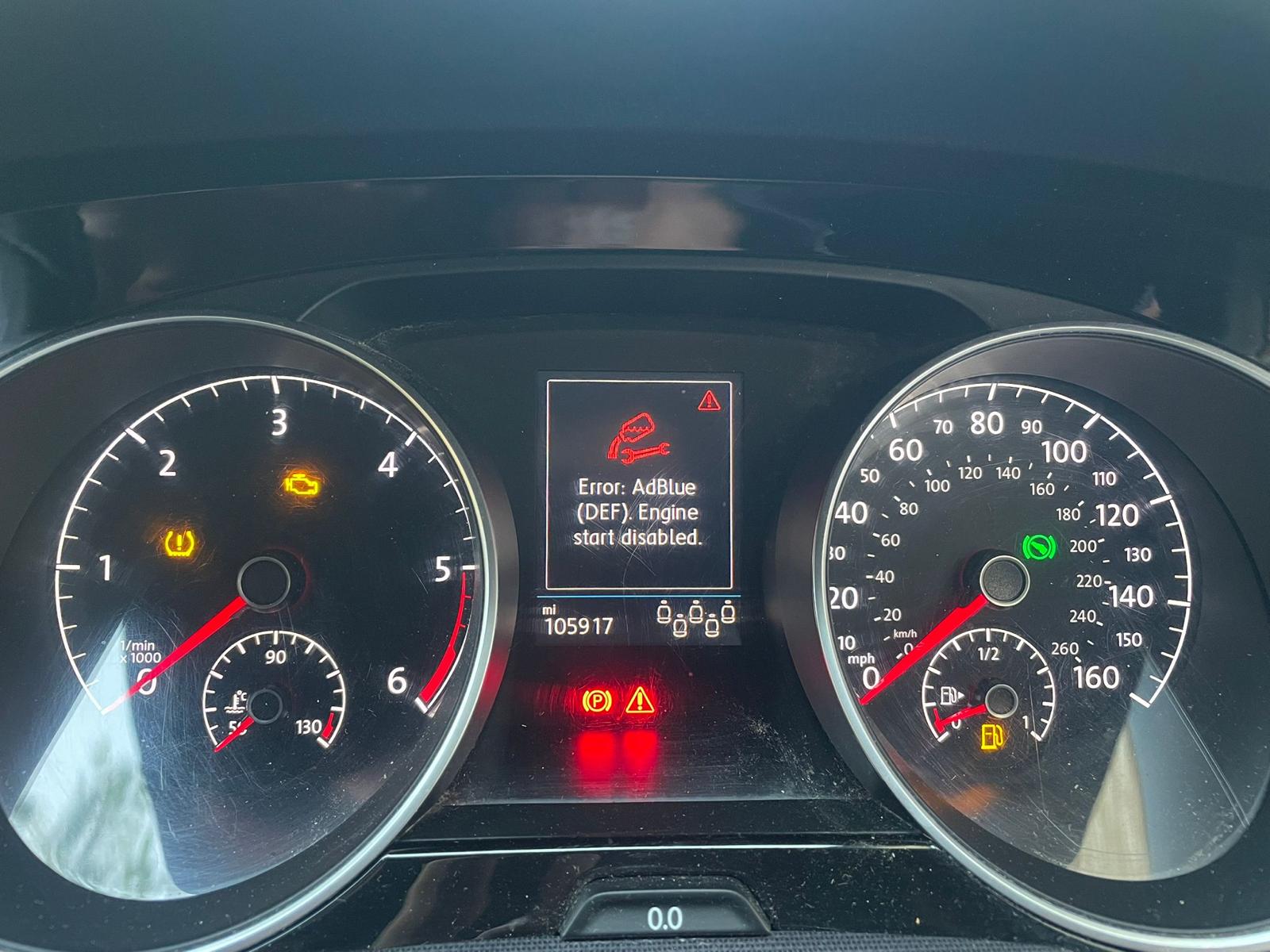 Volkswagen Crafter dashboard showing AdBlue warning: “Error: AdBlue (DEF). Engine start disabled.”
