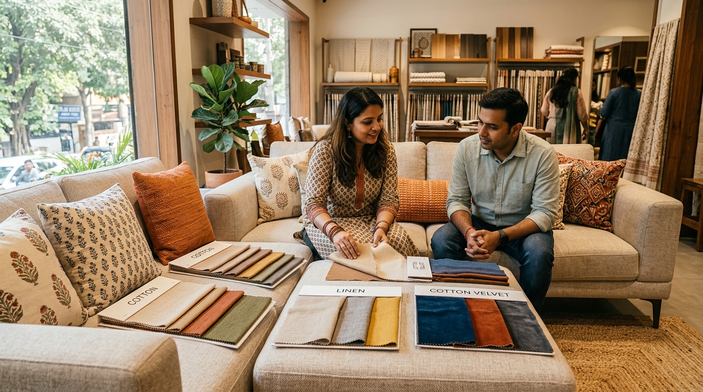 sofa fabric swatches compared for Delhi climate — cotton, microfibre, velvet, leather