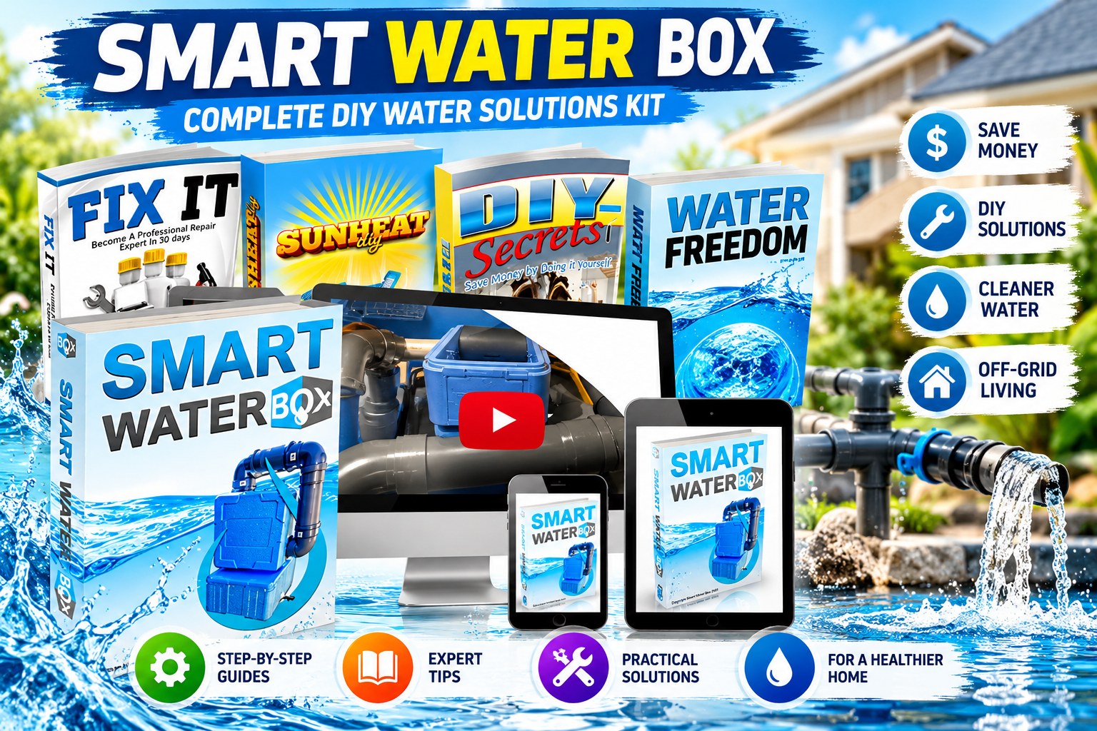 Smart Water Box complete DIY water solutions kit with guides, video, and device mockups beside a home