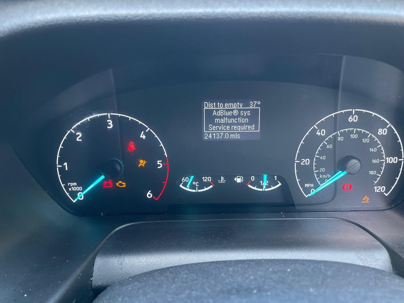 Ford Transit dashboard showing AdBlue warning: “AdBlue® sys malfunction. Service required”
