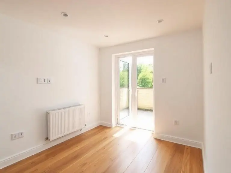 Newly completed extension room interior in a Bracknell home with oak engineered wood floor, white plastered walls, and French doors opening to the garden