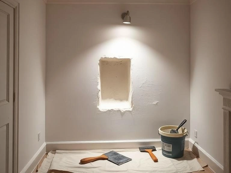 A wall in a Berkshire property prepared for plastering and skimming repairs with a fresh skim coat base, plaster bucket, trowel, and protective drop cloth.