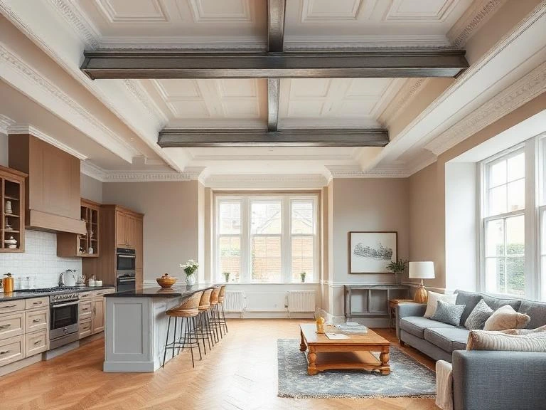Open plan kitchen and living room in a renovated period property in Newbury with RSJ steel beam visible in the ceiling after load-bearing wall removal