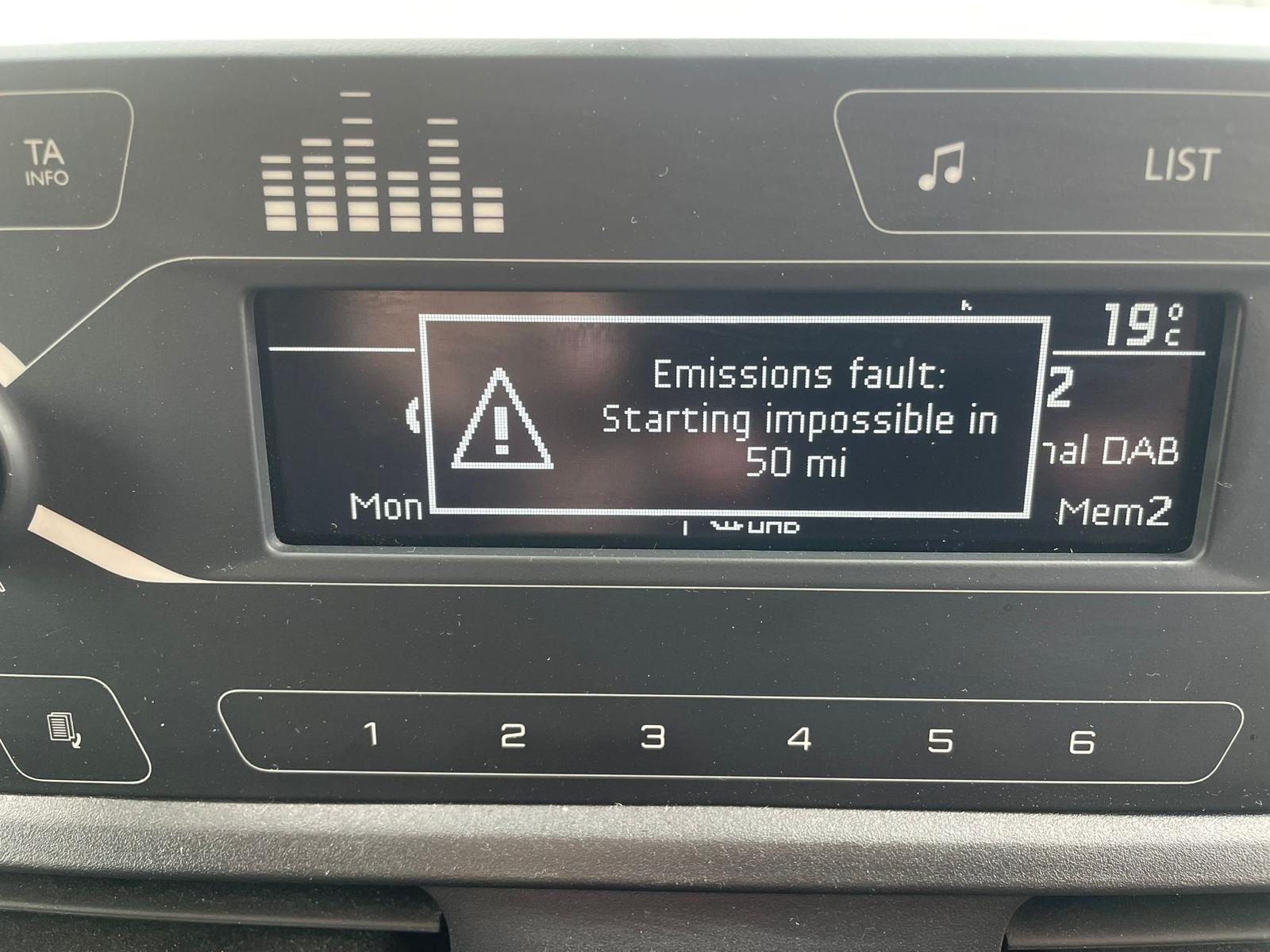 Vauxhall Combo dashboard showing AdBlue warning: “Emissions fault: Starting impossible in 50 mi”