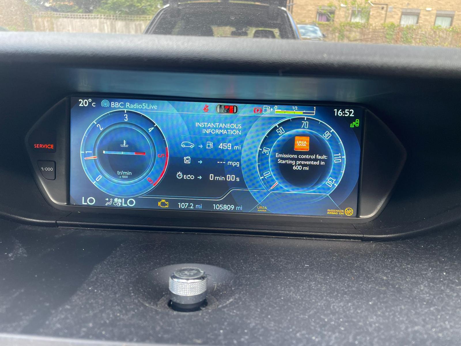 Citroën dashboard showing AdBlue warning: “UREA Emissions control fault: Starting prevented in 600 mi”