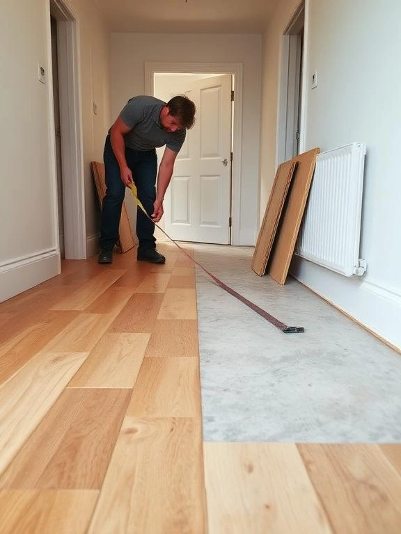 A flooring installer measuring a hallway floor with a tape measure before laying engineered hardwood flooring in a Windsor home.