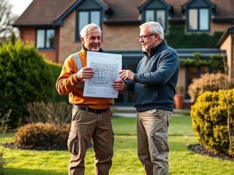 Builder and homeowner reviewing architectural plans during a site visit at a detached property in Ascot, Berkshire