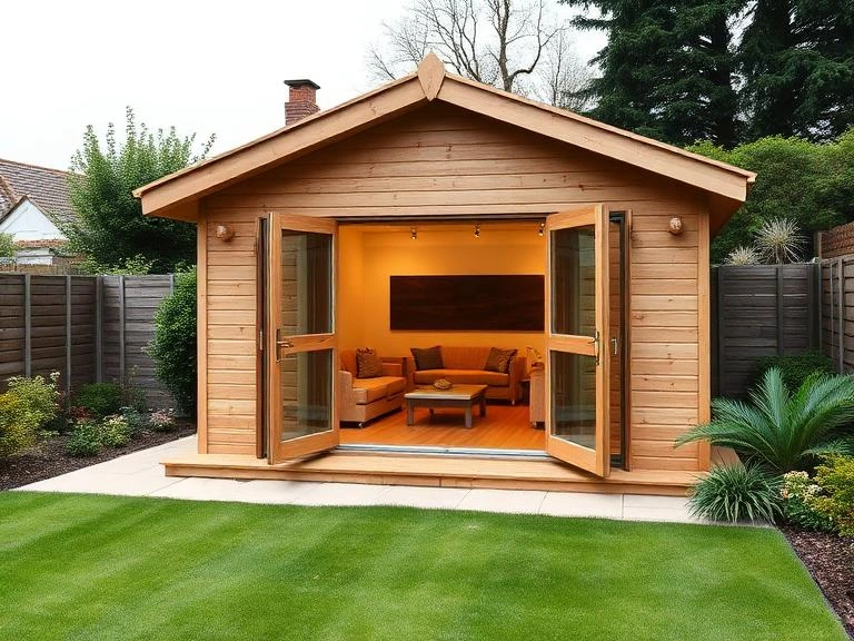 Timber garden room with bifold doors and warm interior lighting in a suburban Newbury garden
