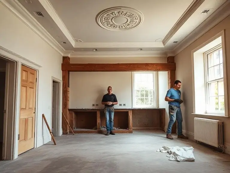 Two builders working inside a large period property in Ascot mid-renovation, showing the original plaster ceiling rose, cornice, and exposed structural beam