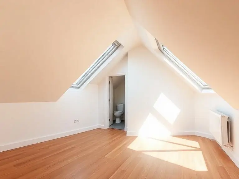 Completed loft conversion bedroom in Ascot with Velux rooflights, engineered oak flooring, and en suite bathroom visible through open door