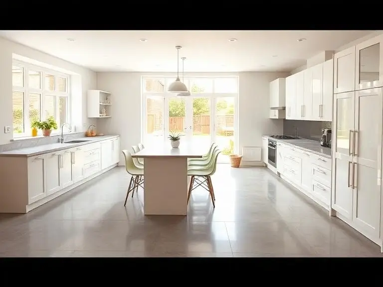 Bright open plan kitchen and dining area in a renovated Bracknell home, white fitted kitchen units, large island, French doors to the garden, grey floor tiles