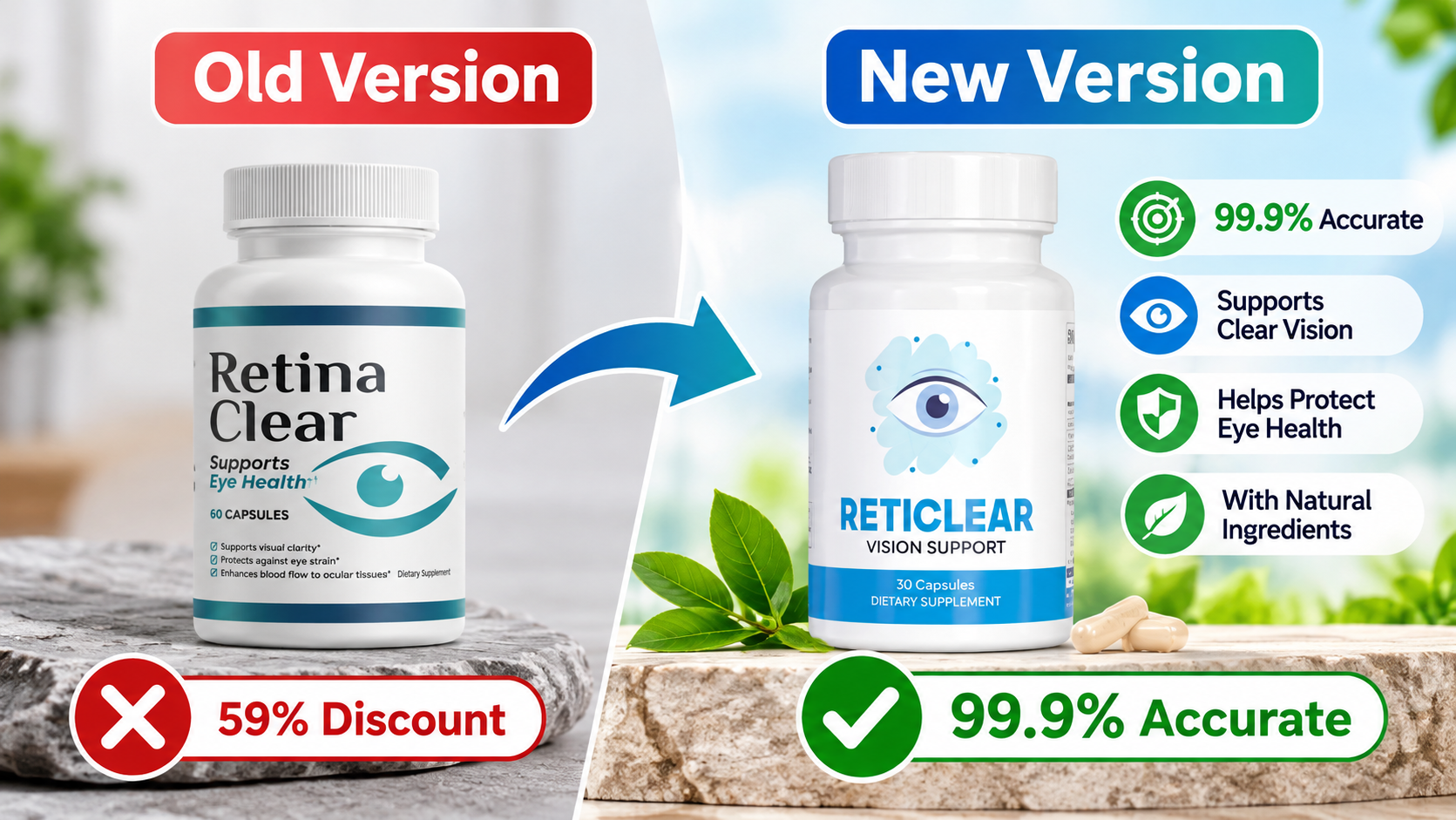 RetinaClear™ bottle shown as the original version next to the updated Reticlear™ Vision Support bottle