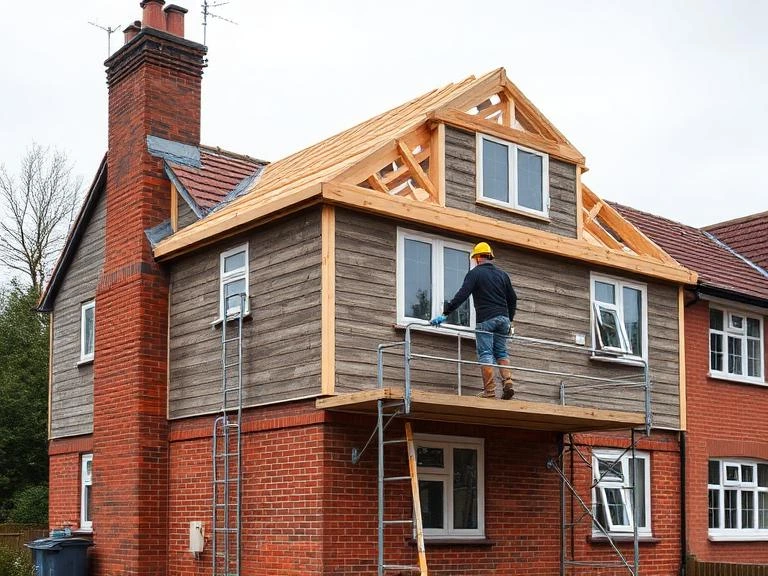Dormer loft conversion under construction on a red brick semi-detached house in Newbury with timber roof frame and scaffolding
