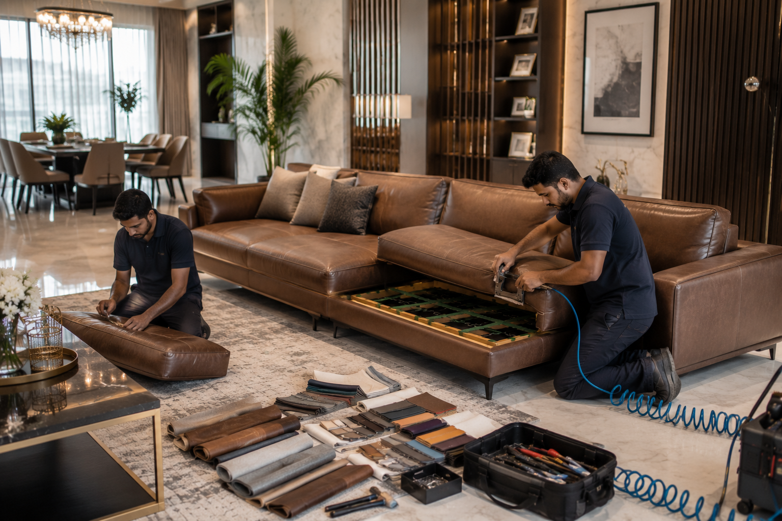Technician repairing a sofa at a customer's home in New Gurgaon