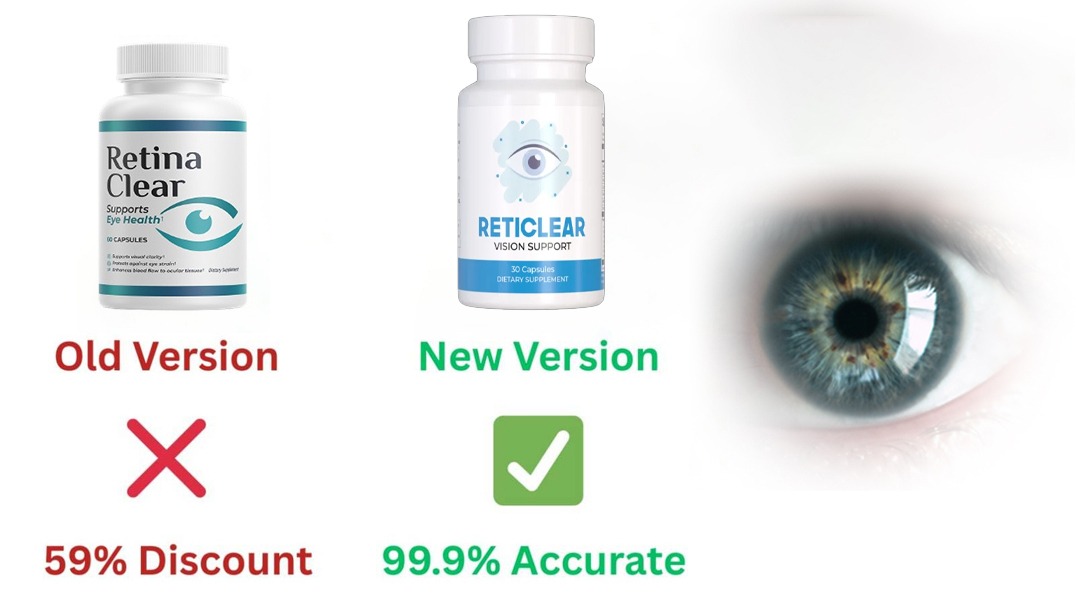 RetinaClear™ and Reticlear™ bottles beside a close-up of a human eye