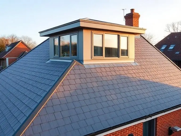 Completed flat-roof dormer loft conversion with grey aluminium windows on a slate-tiled roof in Ascot, Berkshire
