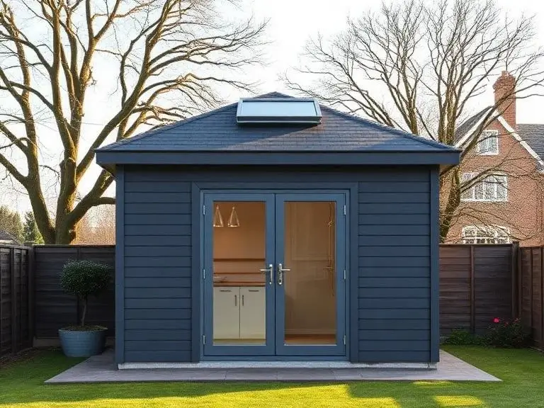 Completed insulated garden office in navy blue timber cladding with Velux rooflight and French doors in a large Berkshire garden
