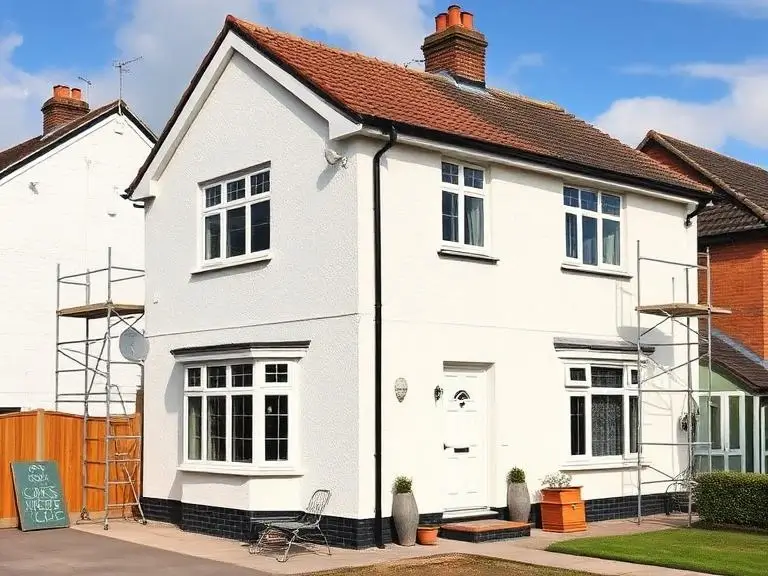 Rendered semi-detached house in Bracknell with fresh white exterior masonry paint applied, scaffold erected on both sides, sunny British conditions
