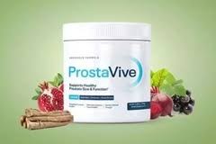 ProstaVive supplement jar with its original label, shown with pomegranate and berries