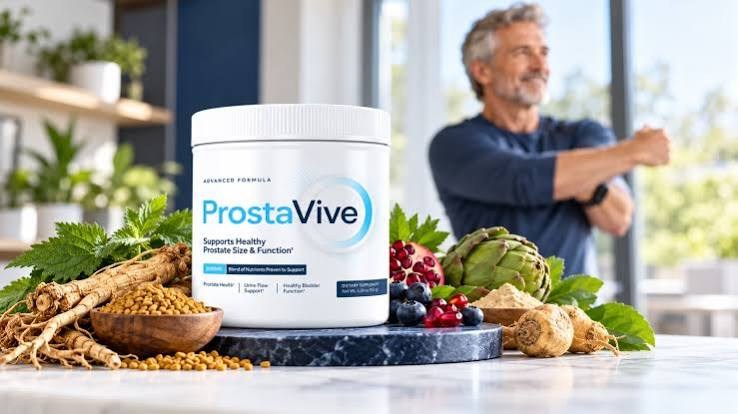 ProstaVive supplement jar on a marble counter surrounded by roots, seeds, berries, and artichokes, with a man stretching in the background