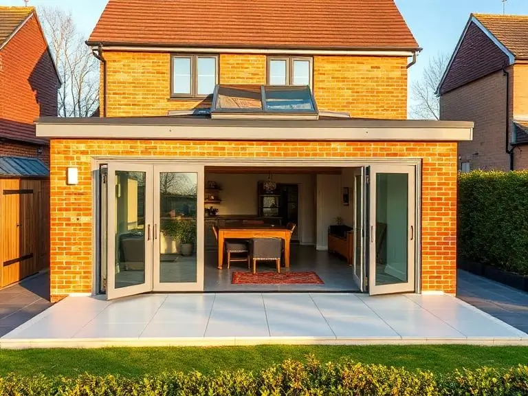 Completed single-storey rear extension with bifold doors and roof lantern on a detached house in Ascot SL5, opening onto a porcelain patio