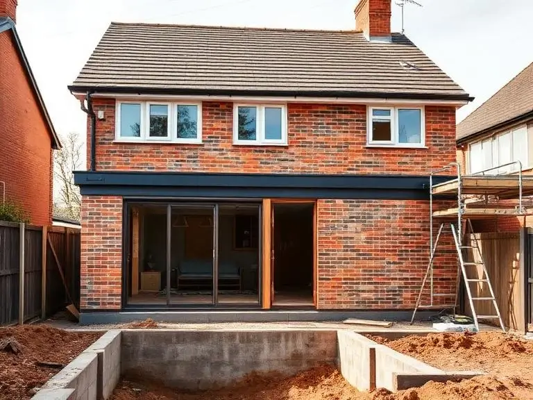 Rear house extension under construction on a red brick detached home in Bracknell, with sliding doors fitted, groundworks visible in the foreground, and scaffold to the right