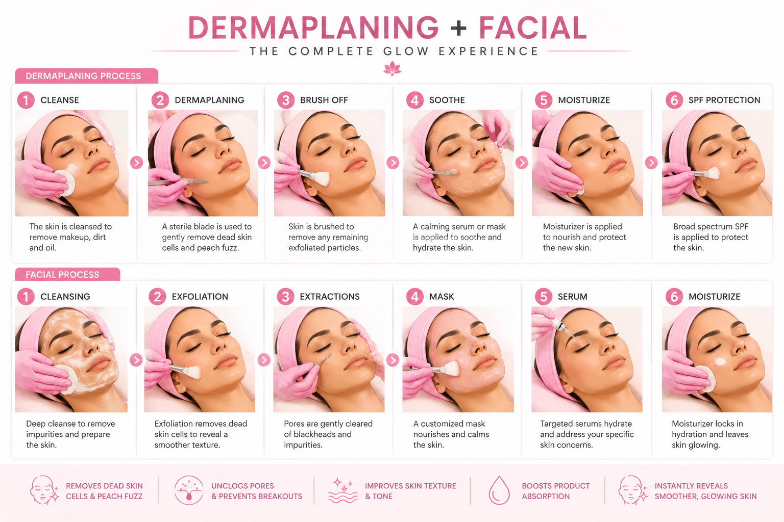 Dermaplaning + Facial complete glow experience — dermaplaning process and facial process step-by-step