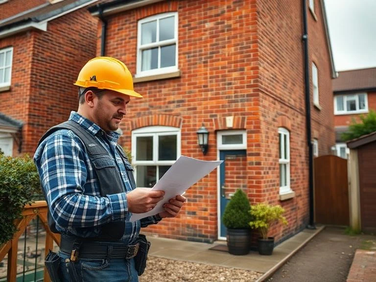 Builder in hard hat reviewing plans outside a red brick house in Newbury during a free site visit