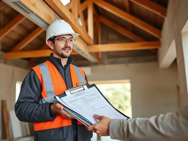 Building control inspector holding a clipboard during a site inspection on a new build or loft conversion project in Bracknell Forest, timber roof structure visible overhead