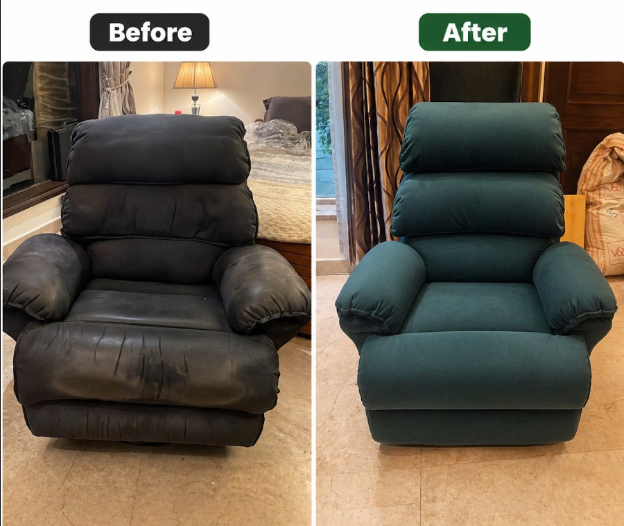 Faded Recliner Chair Re-Covered in Teal Fabric – recliner repair in Central Delhi (after)