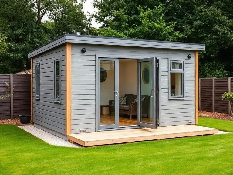 Completed insulated garden office in a Bracknell back garden, grey composite cladding, French doors open to a small timber deck, well-maintained lawn surrounding the structure