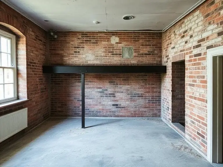 Steel RSJ beam installed across a structural opening after internal wall removal in a Bracknell property, exposed brickwork and concrete floor visible