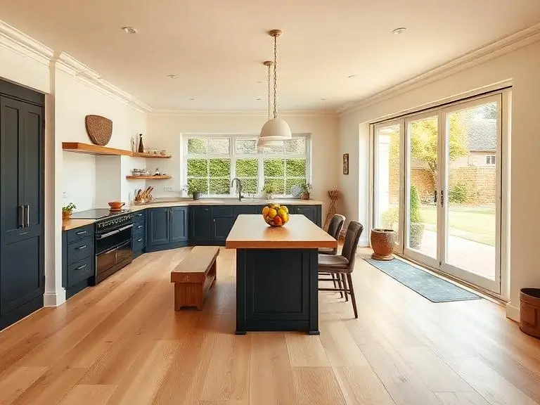 Completed open-plan kitchen renovation with navy shaker units, timber worktops, and engineered oak flooring in a large Berkshire property