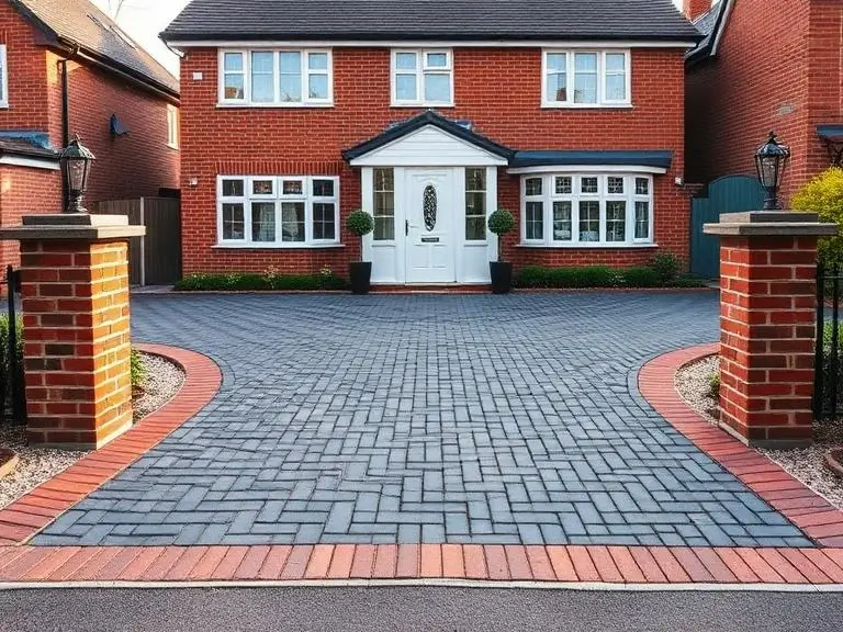 Completed charcoal block paving driveway in herringbone pattern at the front of a large detached house in Ascot, Berkshire