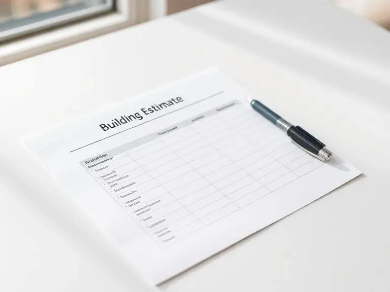 Printed building estimate document on a white desk with a pen resting on the page, representing AA Contractor's free written estimate service for Bracknell homeowners