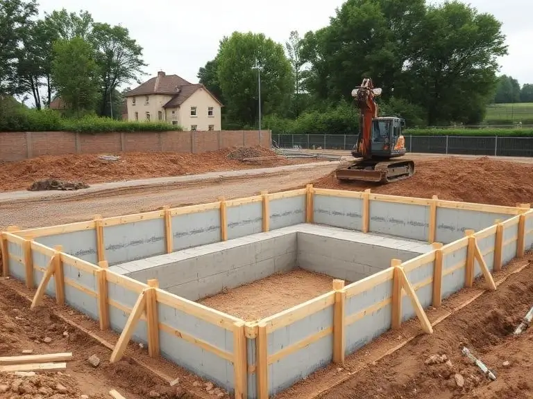New build house foundations at groundworks stage on a Bracknell Forest plot, shuttered concrete strip foundations, excavator visible in the background, trees surrounding the site