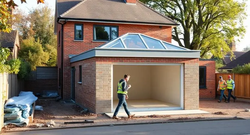 Single-storey rear extension under construction on a detached red-brick house in Ascot, Berkshire, showing roof lantern and open bifold door frame