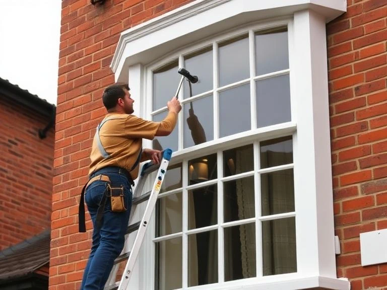 Tradesman on ladder carrying out exterior maintenance work on sash windows of a Victorian red brick property in Newbury