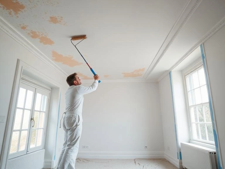 A professional painter in white overalls using a roller extension pole to apply a fresh mist coat of paint onto a ceiling in a Berkshire property.